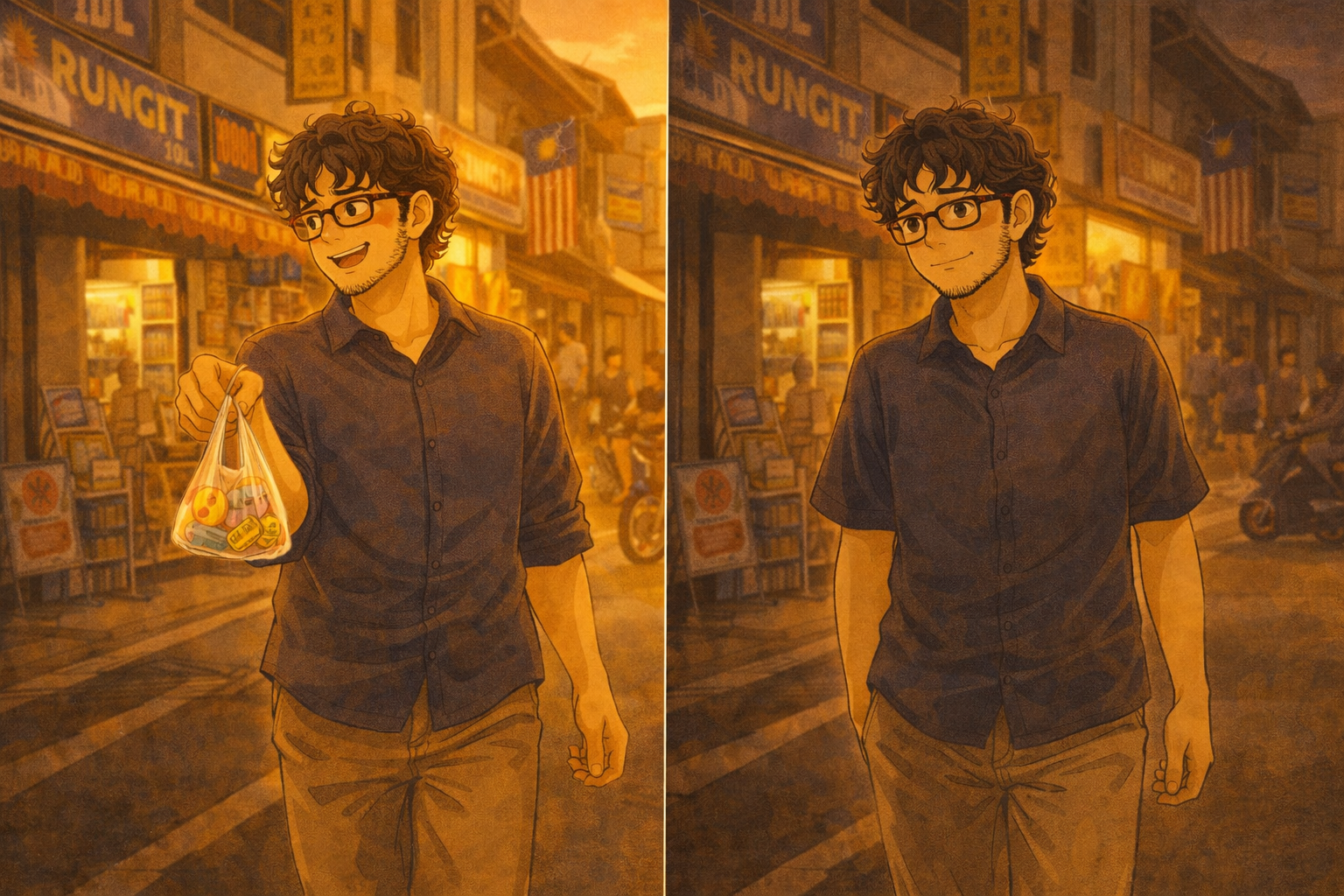 Two-panel split — LEFT: Faris walking home smiling with gifts, golden sunset. RIGHT: Same street, same man, now empty-handed, head down, dimmer light.